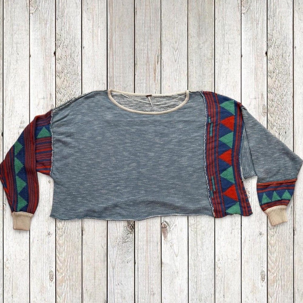 Free People Women Love Triangle Sweater Blue Geometric Oversized Boho XS